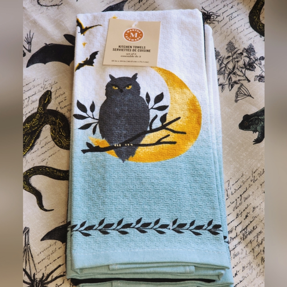 Martha Stewart Set of 3 Owl Kitchen Towels Halloween Kitchen Owl Moon Bat